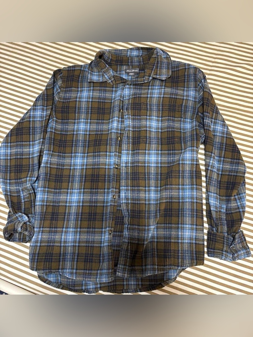Eddie Bauer Blue and Brown Plaid Button-Down Shirt